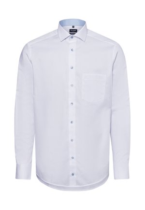 Weißes Langarmhemd mit Button-Down-Kragen, hellblauen Akzenten, Taschen auf der Vorderseite und strukturierter Stoffqualität. Mit kontrastierenden blauen Knöpfen.