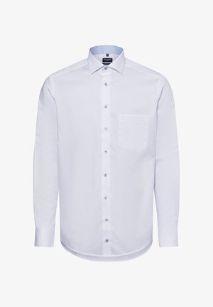 Weißes Langarmhemd mit Button-Down-Kragen, hellblauen Akzenten, Taschen auf der Vorderseite und strukturierter Stoffqualität. Mit kontrastierenden blauen Knöpfen.