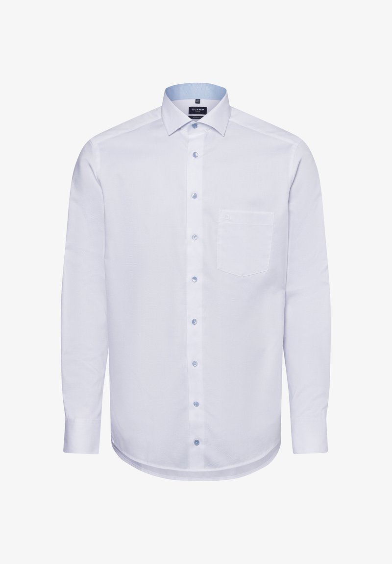 Weißes Langarmhemd mit Button-Down-Kragen, hellblauen Akzenten, Taschen auf der Vorderseite und strukturierter Stoffqualität. Mit kontrastierenden blauen Knöpfen.