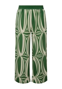 Weite Hose aus grünem Stoff mit einem wiederholenden cremefarbenen geometrischen Muster. Gummibund für Komfort, weiche Textur im gesamten Stoff.