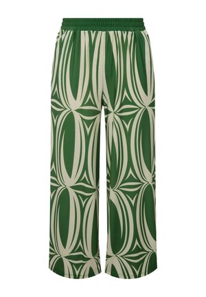 Wijde broekspijpen in groene stof met een herhalend crèmekleurig geometrisch patroon. Elastische tailleband voor comfort, zachte textuur overal.