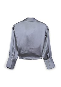 Camicia grigia in satin cropped con maniche lunghe, dotata di colletto classico e polsini con bottoni, texture liscia e lieve lucentezza.