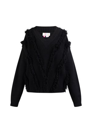 Pullover negru cu decolteu în V, având detalii texturate cu fringuri pe față și pe laturi. Confectionat dintr-un material moale de tricot, cu mâneci lungi.