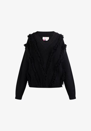 Schwarzer Pullover mit V-Ausschnitt, der strukturierte Fransendetails an Vorder- und Seitenpartie aufweist. Hergestellt aus weichem Strickmaterial mit langen Ärmeln.