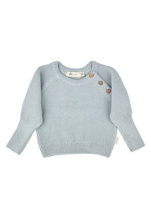 Helles blaues gestricktes Babysweatshirt mit langen Ärmeln und drei braunen Knöpfen an einer Schulter, Größe 56.