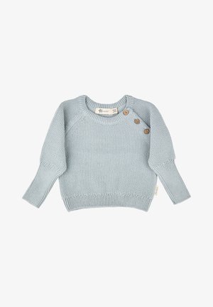 Helles blaues gestricktes Babysweatshirt mit langen Ärmeln und drei braunen Knöpfen an einer Schulter, Größe 56.