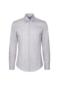 Camicia a maniche lunghe di colore chiaro con un piccolo motivo floreale in toni di blu, rosa e grigio, presentata su uno sfondo bianco.