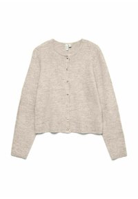 Světlý béžový cardigan, měkká pletená textura, kulatý výstřih, dlouhé rukávy, zapínání na knoflíky vpředu, krátký střih, minimalistický styl.