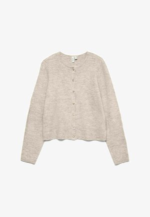 Cardigan beige clair, texture en maille douce, col rond, manches longues, fermeture à boutons sur le devant, coupe courte, style minimaliste.