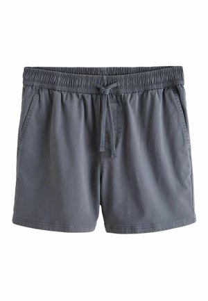 Shorts décontractés gris foncé avec taille élastique et cordon de serrage à l'avant, comprenant des poches latérales et un ourlet droit.