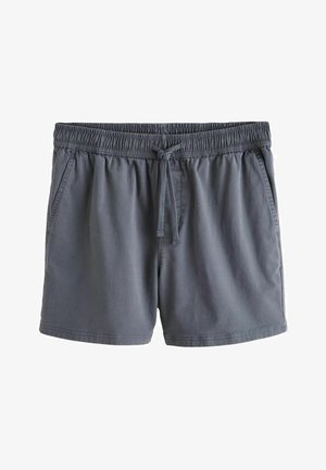 Shorts décontractés gris foncé avec taille élastique et cordon de serrage à l'avant, comprenant des poches latérales et un ourlet droit.
