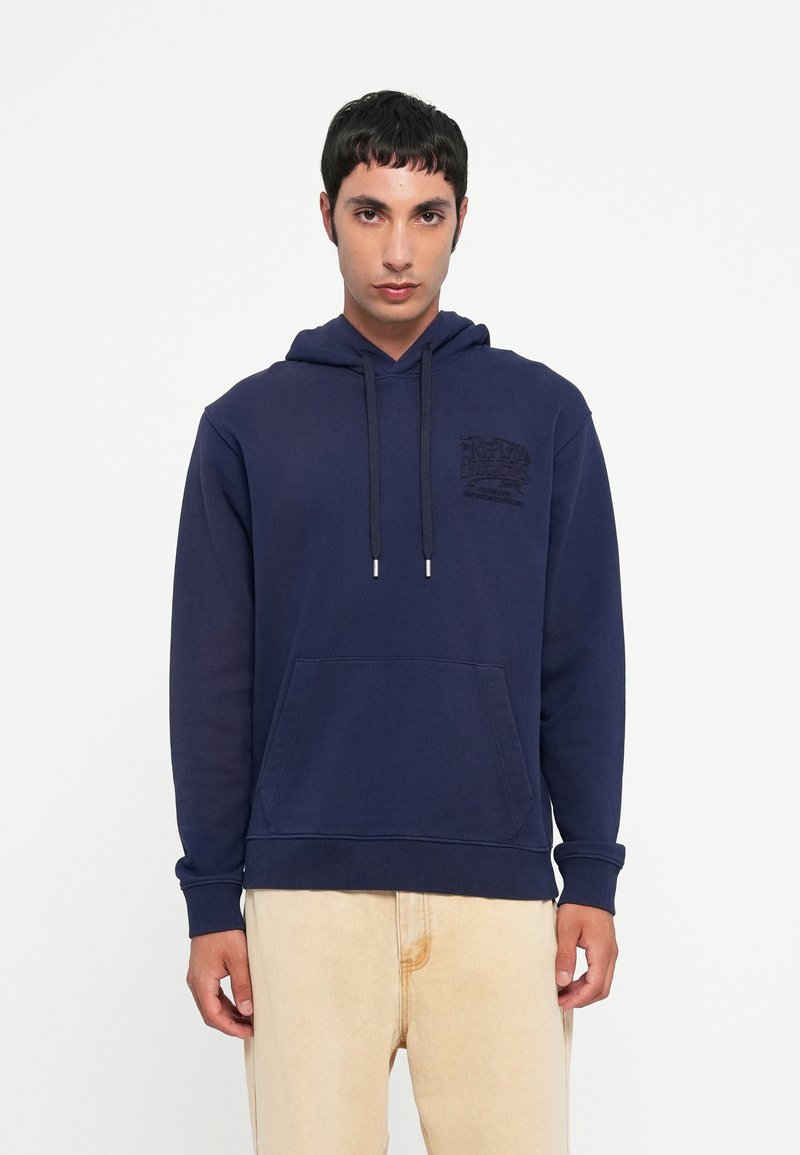 Navy blue hoodie made of soft fabric, featuring a front pocket, adjustable drawstrings, and embossed logo on the left chest.