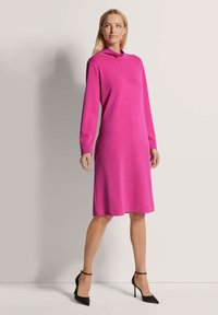 Fuchsia Langarmkleid mit hohem Kragen, gerade geschnitten und mit glatter Textur. Getragen mit schwarzen spitzen Absätzen.
