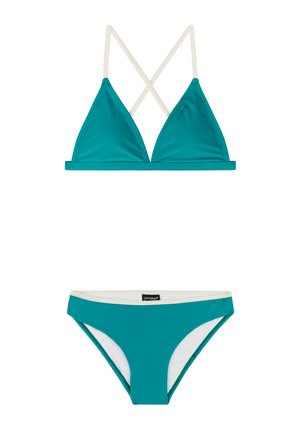 Ensemble bikini pour femmes couleur sarcelle avec un haut triangle présentant des bretelles croisées crème et un bas assorti avec une bordure crème sur fond blanc.