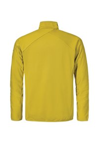 Gelbe Jacke mit strukturiertem Muster, Stehkragen und langen Ärmeln. Verfügt über eine glatte Oberfläche und kontrastierendes Nähen entlang der Nähte.