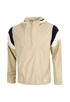 Giacca a pullover beige con mezza cerniera, polsini elastici e dettagli color-block in bianco e nero su spalle e parte superiore delle maniche.