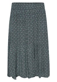 Ciminowa spódnica w ciemnoniebieskim kolorze z wzorem paisley w zieleni i bieli. Elastyczny pas, warstwowy krój, lekka tkanina, luźny fason.