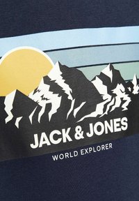 Navy cotton t-shirt featuring a graphic with mountains and a sun in yellow and blue, text saying "JACK & JONES WORLD EXPLORER" beneath.