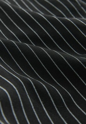 Black fabric with white and light blue vertical stripes, soft texture, and a smooth finish, showcasing a subtle pattern across the surface.