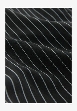 Black fabric with white and light blue vertical stripes, soft texture, and a smooth finish, showcasing a subtle pattern across the surface.