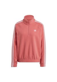 Rosa fleecepullover med hög krage, halvdragkedja framtill och vit tre-stripes accent på ärmarna. Har en liten vit logotyp på bröstet.