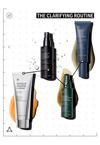 Four skincare products labeled cleanser, mist, serum, and blemish treatment with liquid swatches, titled "The Clarifying Routine."