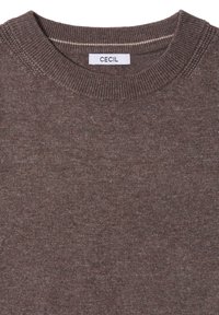 Brązowy, dziany sweter z okrągłym dekoltem, z subtelną strukturą i metką z napisem "CECIL". Brak widocznych wzorów lub akcentów.