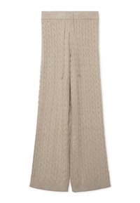 Pantaloni beige a maglia rasata con design a gamba larga, dotati di vita con cordoncino e polsini a costine. La texture è morbida e spessa.