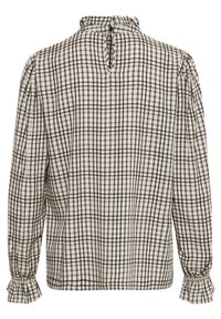 Langärmlige Bluse in einem creme- und schwarzkarriertem Muster, mit einem gerafften Ausschnitt, geknöpftem Schlüsselrücken und gerafften Ärmeln.