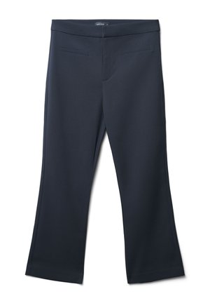 Pantaloni blu navy con una trama liscia, dotati di vita aderente e fondo svasato. Inclusi due taschini frontali con una finitura pulita.