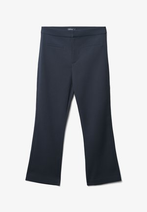 Navyblaue Hose mit glatter Textur, mit einer taillierten Taille und ausgestellt geschnittenen Beinen. Enthält zwei vordere Taschen mit sauberem Finish.