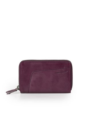 Rectangular dark purple leather wallet with visible stitching, a zipper closure, and a small embossed brand logo on front.
