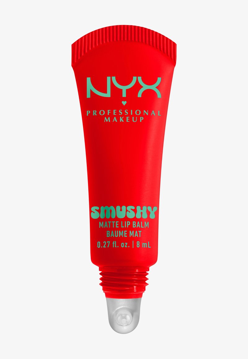 Czerwony tubka NYX SMUSHY Matte Lip Balm, wyposażona w aplikator szczypcowy i żywe turkusowe litery. Pojemność 0.27 fl oz (8 mL).