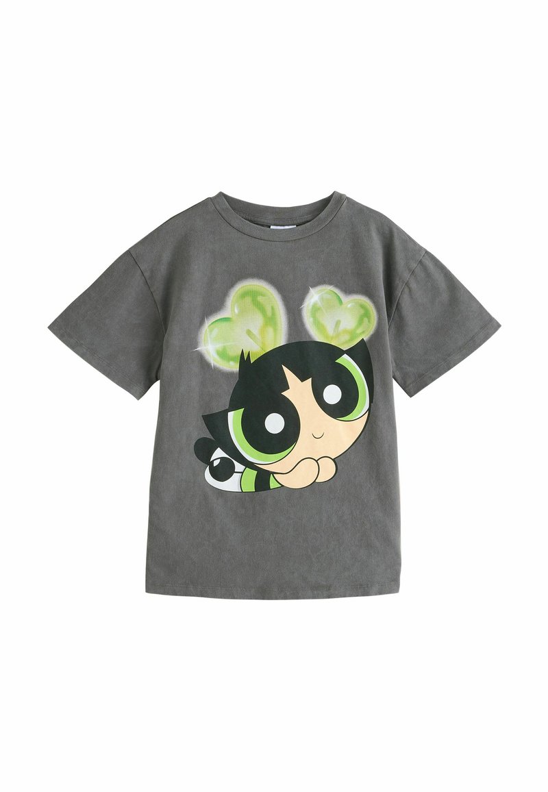 Grå bomulds T-shirt med et stort grafisk motiv af en tegneseriefigur med grønne øjne og hjerter over hovedet. Korte ærmer og rund halsudskæring.