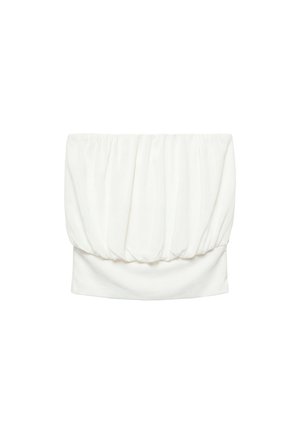 Top blanc sans bretelles avec tissu élastique froncé créant un effet plissé et un ourlet lisse ajusté en bas.