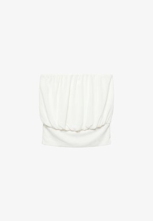 Top blanc sans bretelles avec tissu élastique froncé créant un effet plissé et un ourlet lisse ajusté en bas.