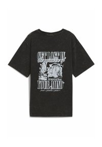 Czarny, oversize t-shirt z białym graficznym tekstem i obrazkami z napisami "Zgub się w raju swojego umysłu" oraz "Poświęć czas na podlewanie siebie".