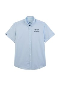 Chemise à manches courtes, bleu clair, avec un motif texturé, logo brodé sur la poitrine et une étiquette sur la manche.