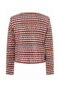 Getextureerde jas met meerkleurige horizontale strepen in rood, blauw, paars en bruin, met lange mouwen en een ronde halslijn.