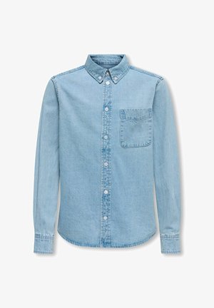 Lyseblå denimskjorte med knapkrave, lange ærmer, en enkelt brystlomme og standard knaplukning foran.