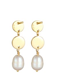 Orecchini d'oro con due dischi circolari e un grande pendente a perla ovale. I dischi sono lisci e la perla ha una finitura lucente.
