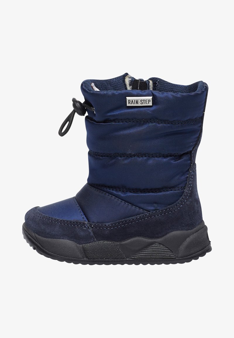 Stivali da neve imbottiti navy in materiale scamosciato e impermeabile. Presentano una suola in gomma, chiusura con cordino e un piccolo logo.