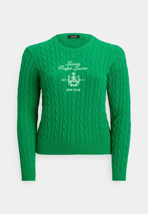 Suéter verde de algodón con tejido de cable, puños y dobladillo acanalados, con logo bordado en blanco en el pecho, diseñado para un ajuste ceñido.