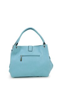 Lichtblauwe leren handtas met een gestructureerde vorm, voorzien van een handvat aan de bovenkant, een externe ritszak en een textuur. Metallic accenten aanwezig.