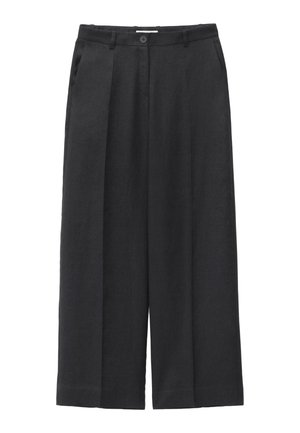 Pantalon noir à jambes larges avec plis sur le devant, poches latérales, ceinture avec passants et fermeture par bouton à l'avant.