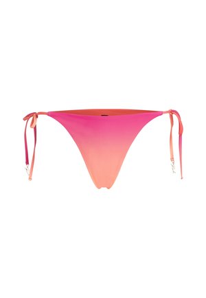 Bikini bottom in gradient pink to coral colors, sleek design with side ties, minimal coverage, and smooth texture. No visible hardware.
