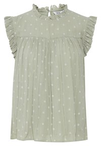 Blouse sans manches vert pâle avec des manches volantées, col rond et motif à pois floraux blancs. Tissu doux et texturé avec des détails froncés.