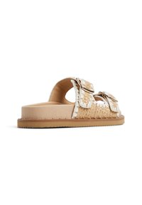 Woven straw sandals with two adjustable buckles, tan color, rounded shape, soft material, and a rubber sole with a textured grip.