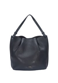 Sac hobo en cuir noir à surface texturée, forme souple et décontractée, avec deux anses plates. Détail de quincaillerie dorée en bas.