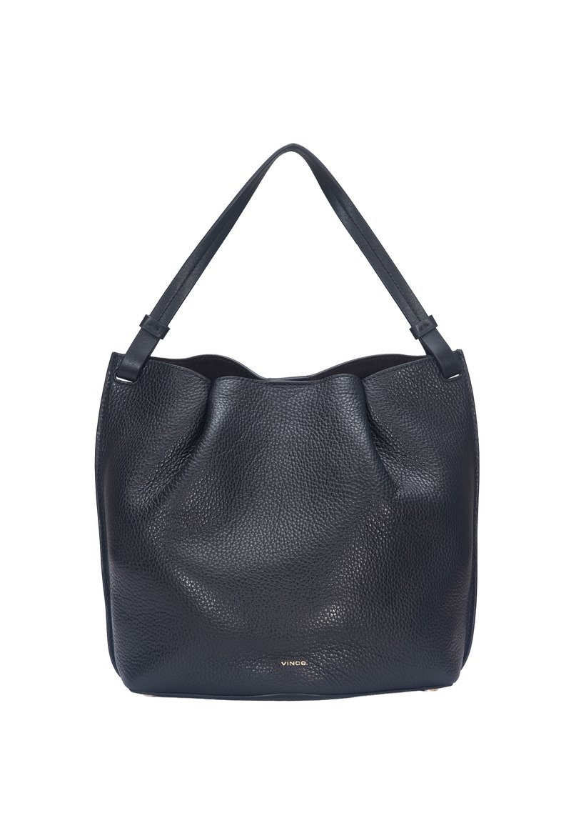 Sac hobo en cuir noir à surface texturée, forme souple et décontractée, avec deux anses plates. Détail de quincaillerie dorée en bas.